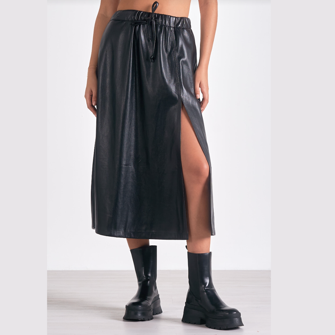 Gabbriette Faux Leather Midi Skirt with Slit