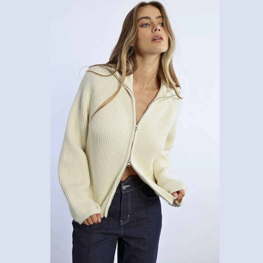 Snow Bunny Ribbed Zip-Neck Cardi