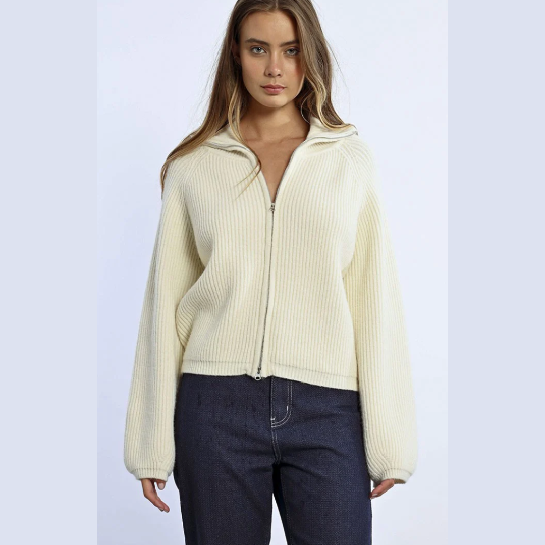 Snow Bunny Ribbed Zip-Neck Cardi