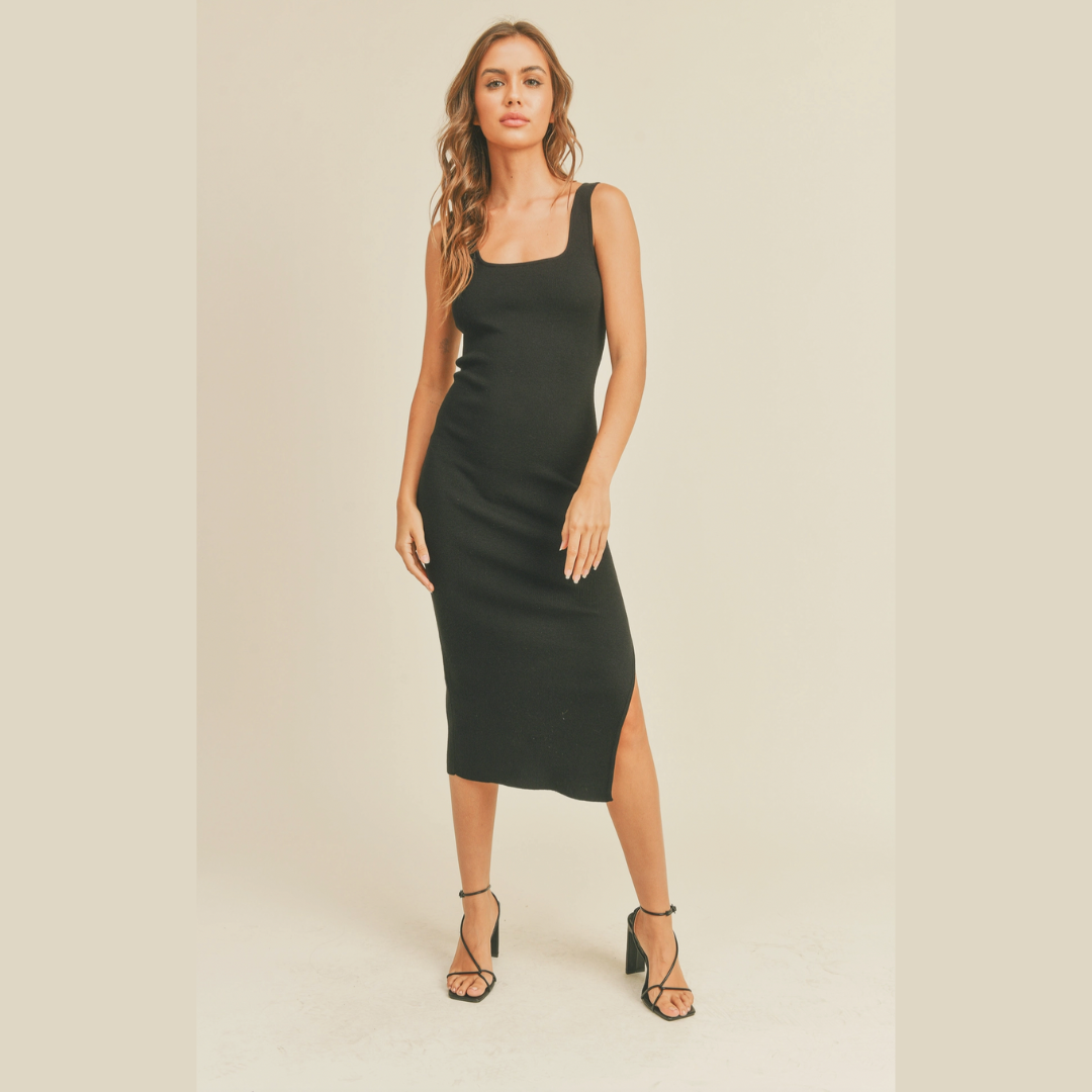 Square Neck Knit Fitted Slit Dress