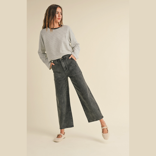 Carly Washed Black Paneled Stretch Wide Leg Denim